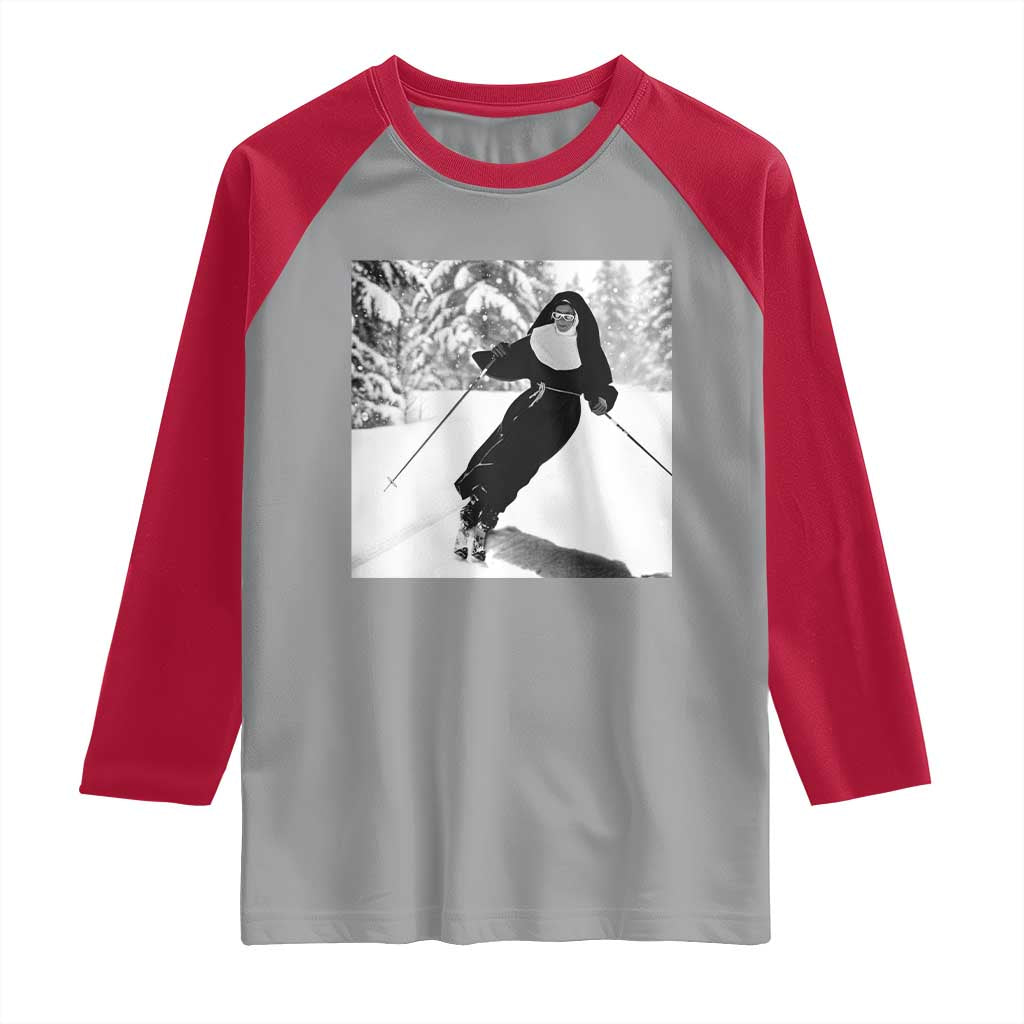 Funny Skiing Nun Graphics Photo Skier Winter Sport Raglan Shirt TS11 Sport Gray Red Print Your Wear