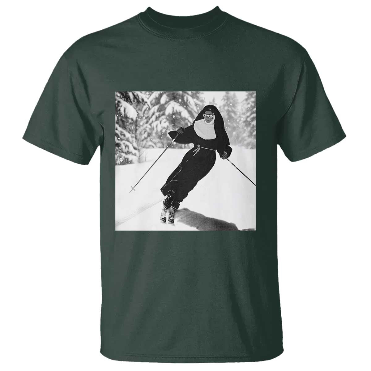 Funny Skiing Nun Graphics Photo Skier Winter Sport T Shirt TS11 Dark Forest Green Print Your Wear