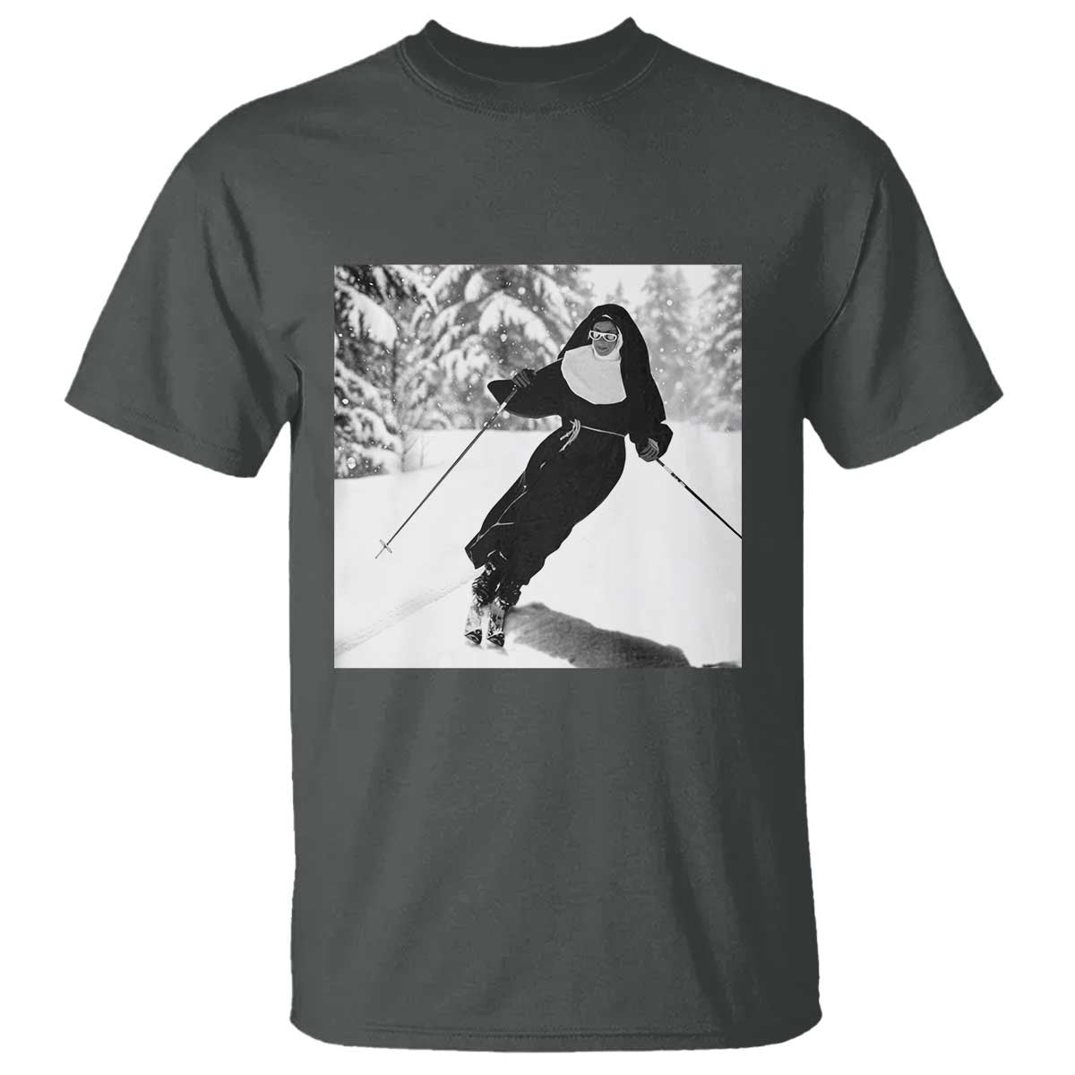 Funny Skiing Nun Graphics Photo Skier Winter Sport T Shirt TS11 Dark Heather Print Your Wear
