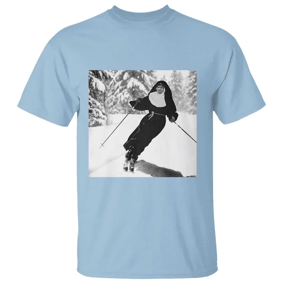 Funny Skiing Nun Graphics Photo Skier Winter Sport T Shirt TS11 Light Blue Print Your Wear