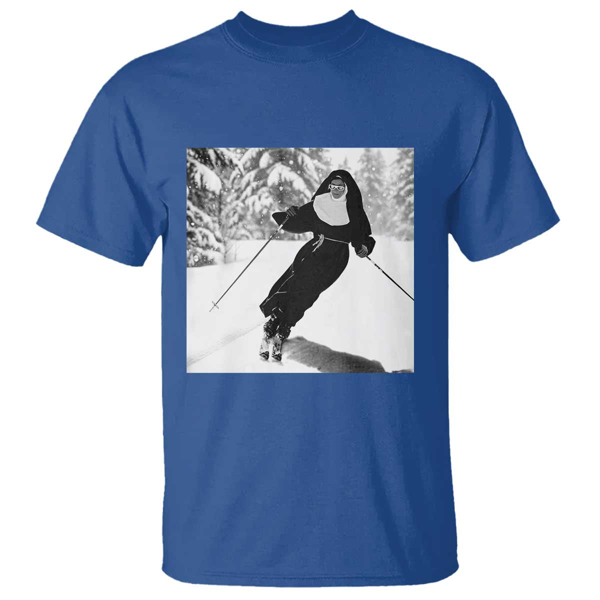 Funny Skiing Nun Graphics Photo Skier Winter Sport T Shirt TS11 Royal Blue Print Your Wear