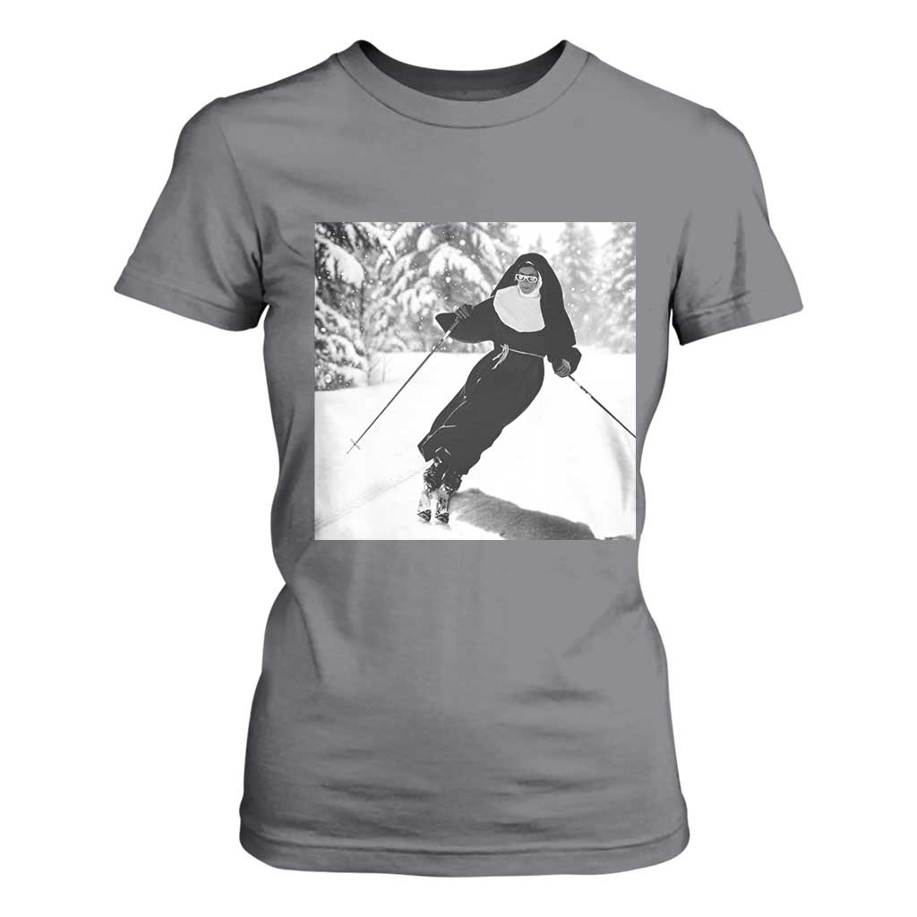 Funny Skiing Nun Graphics Photo Skier Winter Sport T Shirt For Women TS11 Charcoal Print Your Wear