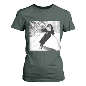 Funny Skiing Nun Graphics Photo Skier Winter Sport T Shirt For Women TS11 Dark Forest Green Print Your Wear