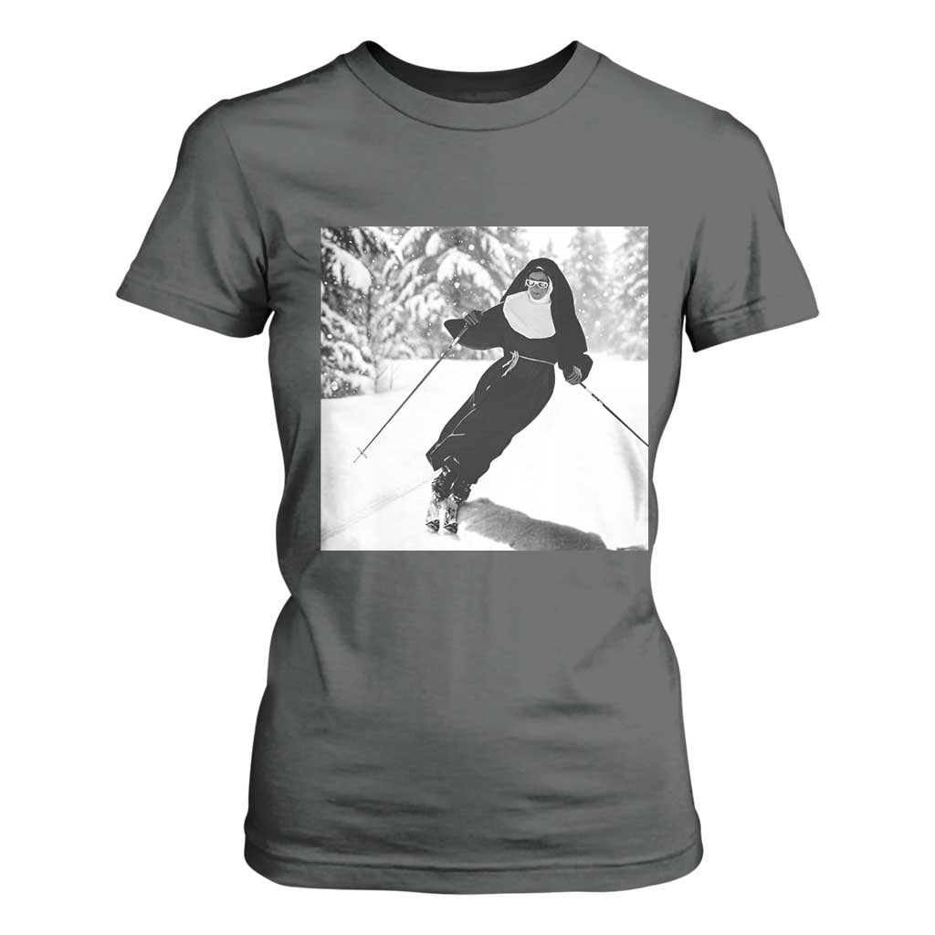 Funny Skiing Nun Graphics Photo Skier Winter Sport T Shirt For Women TS11 Dark Heather Print Your Wear