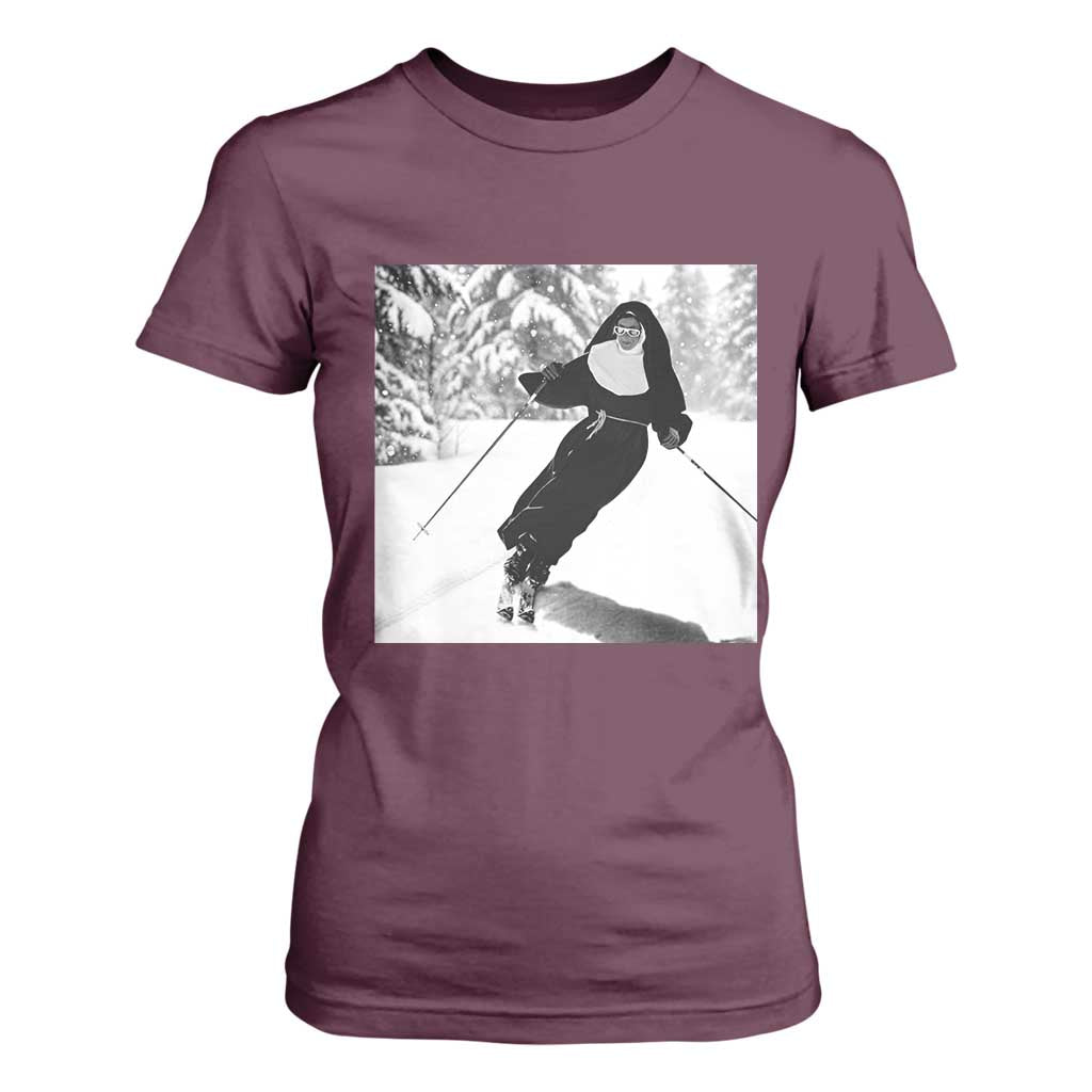 Funny Skiing Nun Graphics Photo Skier Winter Sport T Shirt For Women TS11 Maroon Print Your Wear