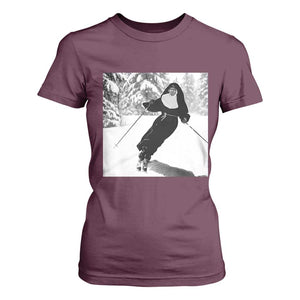 Funny Skiing Nun Graphics Photo Skier Winter Sport T Shirt For Women TS11 Maroon Print Your Wear