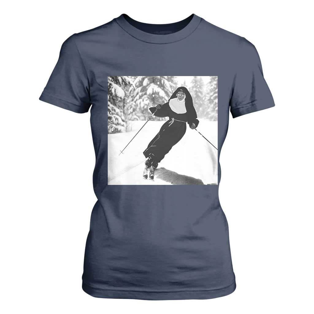Funny Skiing Nun Graphics Photo Skier Winter Sport T Shirt For Women TS11 Navy Print Your Wear
