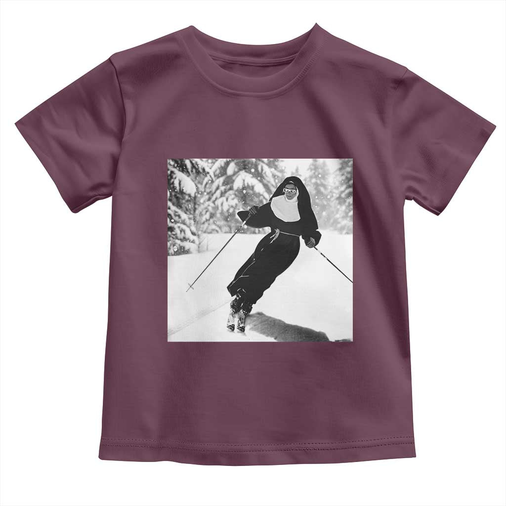 Funny Skiing Nun Graphics Photo Skier Winter Sport Toddler T Shirt TS11 Maroon Print Your Wear