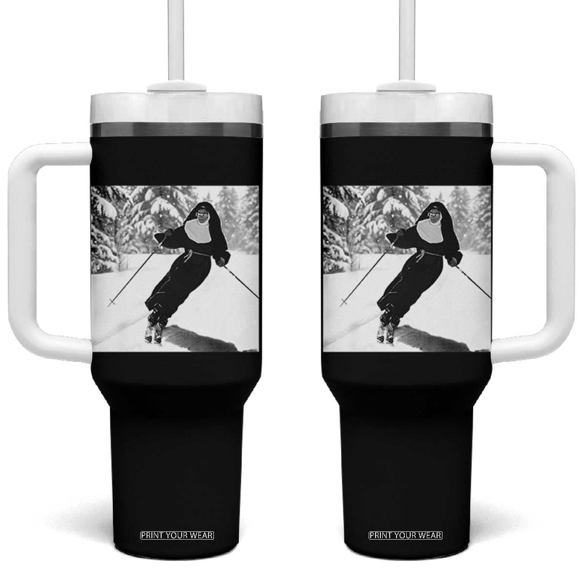 Funny Skiing Nun Graphics Photo Skier Winter Sport Tumbler With Handle TS11 One Size: 40 oz Black Print Your Wear