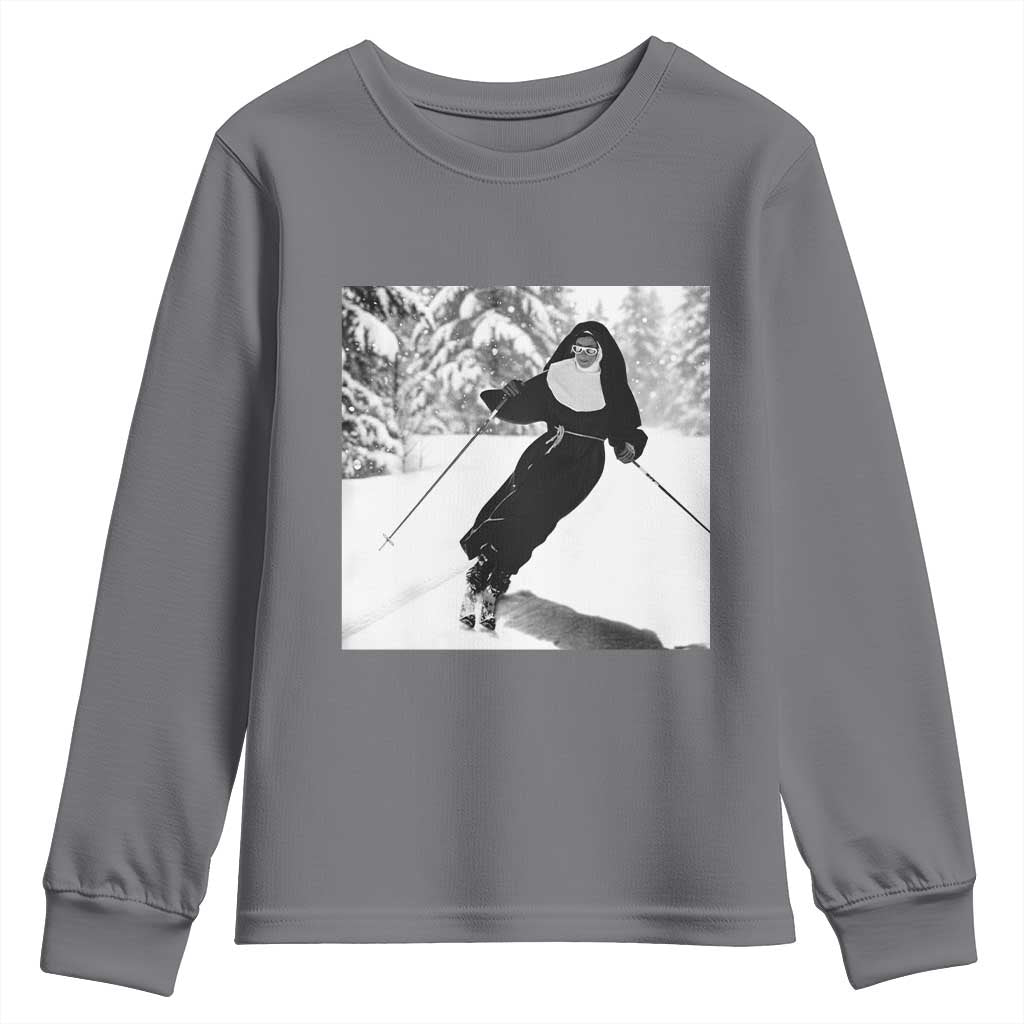 Funny Skiing Nun Graphics Photo Skier Winter Sport Youth Sweatshirt TS11 Charcoal Print Your Wear
