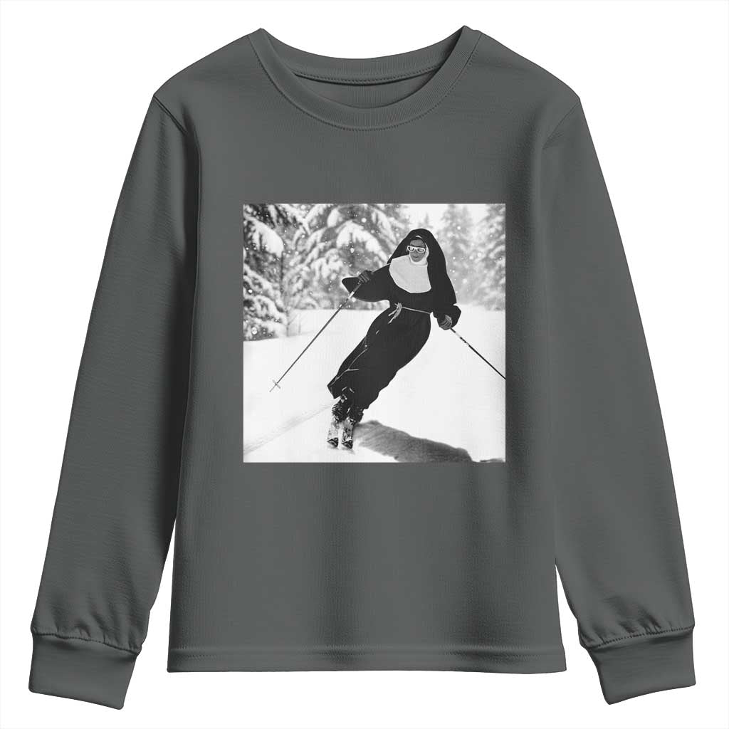 Funny Skiing Nun Graphics Photo Skier Winter Sport Youth Sweatshirt TS11 Dark Heather Print Your Wear