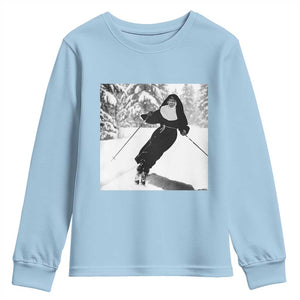 Funny Skiing Nun Graphics Photo Skier Winter Sport Youth Sweatshirt TS11 Light Blue Print Your Wear