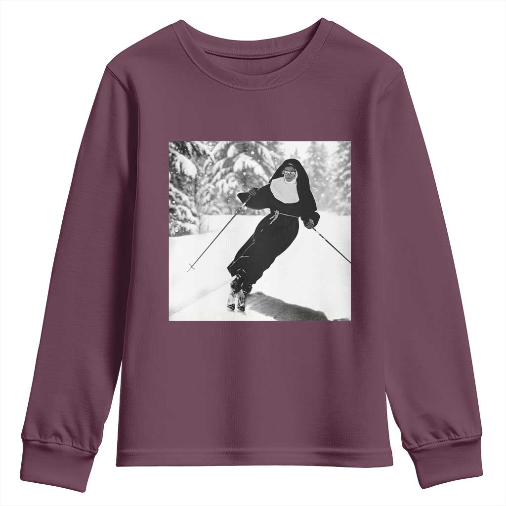 Funny Skiing Nun Graphics Photo Skier Winter Sport Youth Sweatshirt TS11 Maroon Print Your Wear