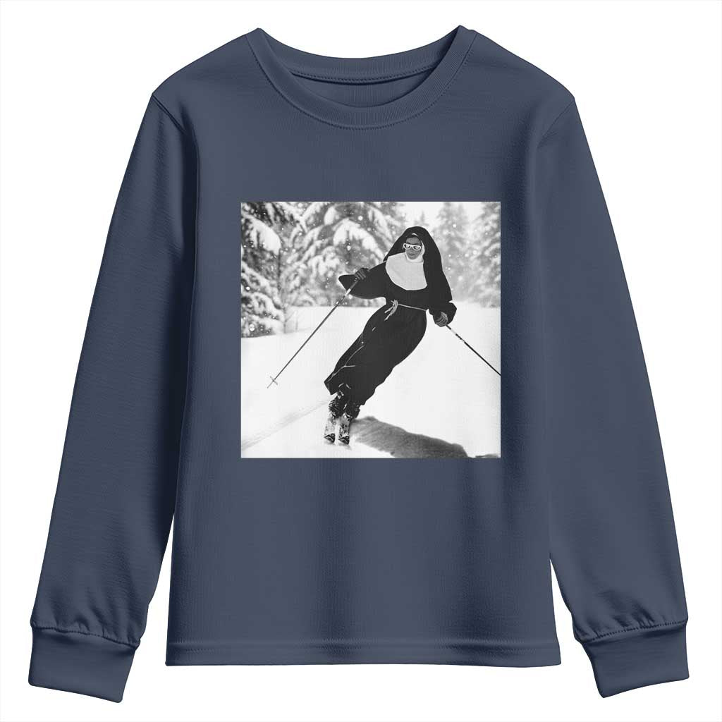 Funny Skiing Nun Graphics Photo Skier Winter Sport Youth Sweatshirt TS11 Navy Print Your Wear