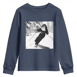 Funny Skiing Nun Graphics Photo Skier Winter Sport Youth Sweatshirt TS11 Navy Print Your Wear