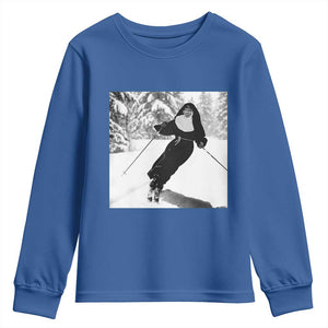 Funny Skiing Nun Graphics Photo Skier Winter Sport Youth Sweatshirt TS11 Royal Blue Print Your Wear