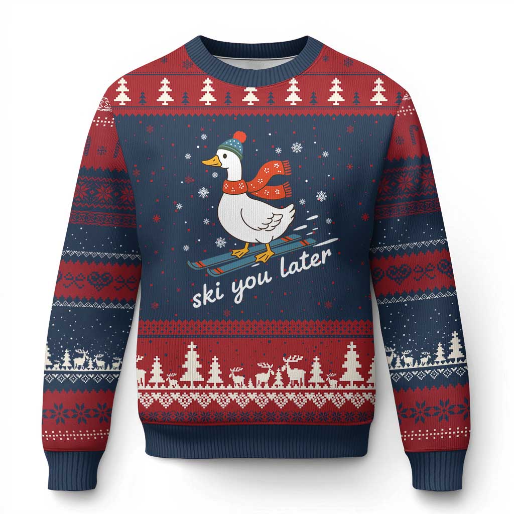 Funny Skiing Goose Ugly Christmas Sweater Ski You Later Winter Vacation Sport TS11 Navy Red Print Your Wear
