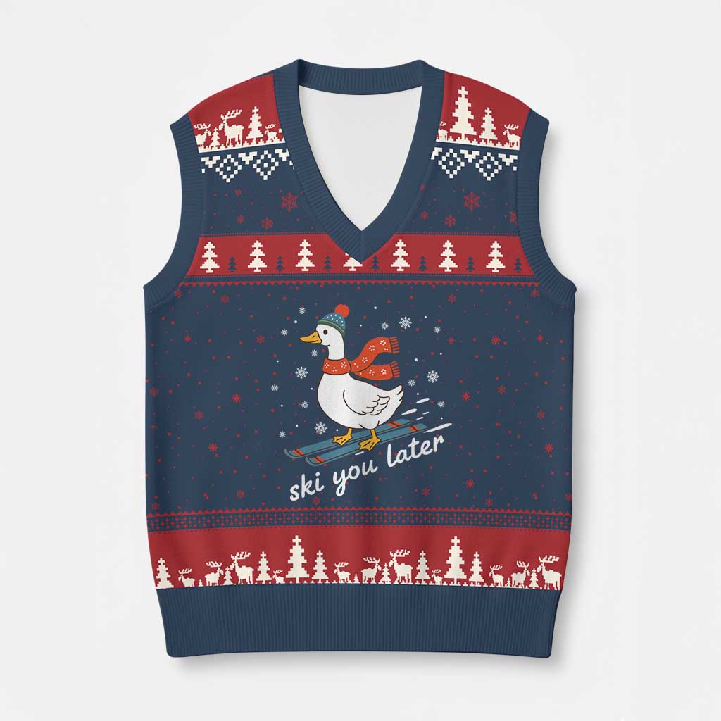 Funny Skiing Goose V-Neck Knit Sweater Vest Ski You Later Winter Vacation Sport TS11 Navy Red Print Your Wear