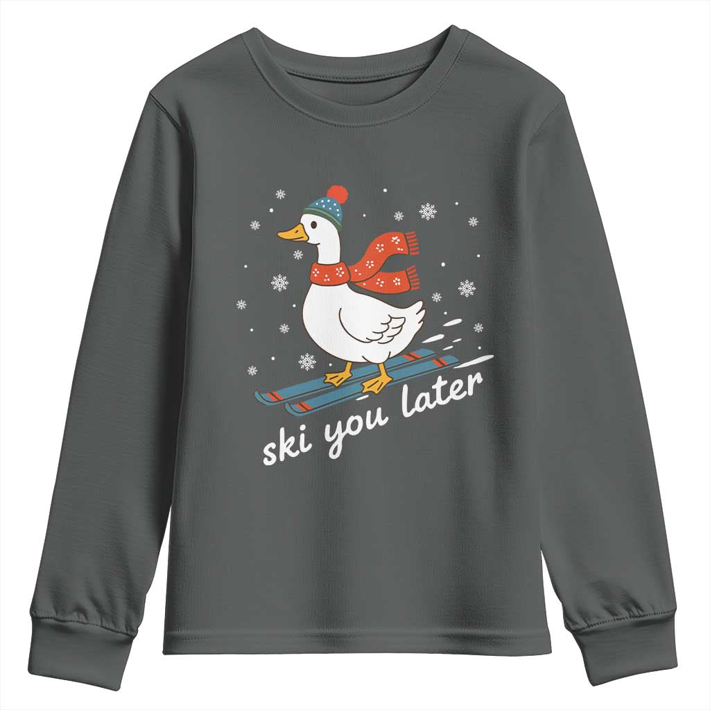Funny Skiing Goose Youth Sweatshirt Ski You Later Winter Vacation Sport TS11 Dark Heather Print Your Wear