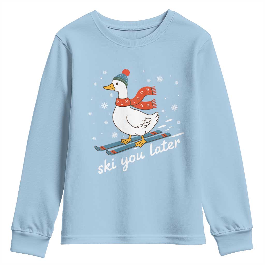 Funny Skiing Goose Youth Sweatshirt Ski You Later Winter Vacation Sport TS11 Light Blue Print Your Wear