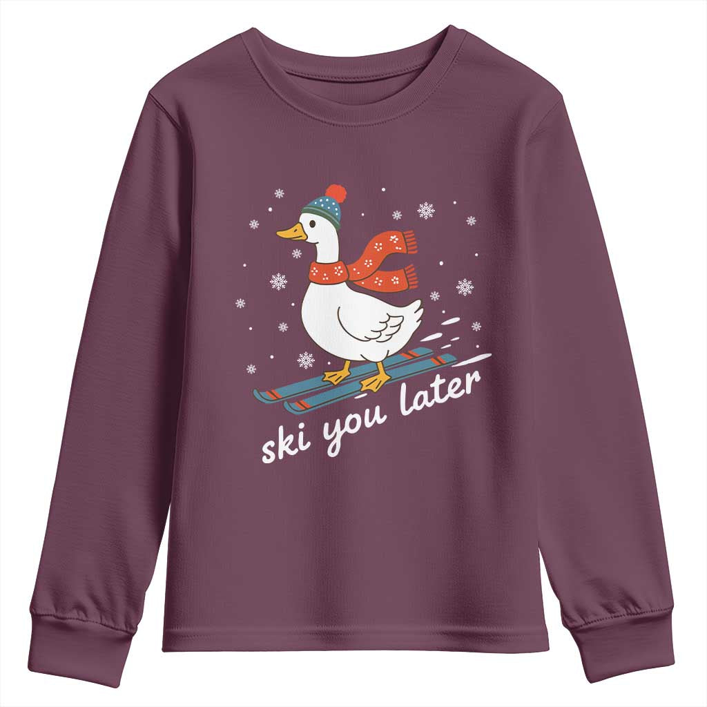 Funny Skiing Goose Youth Sweatshirt Ski You Later Winter Vacation Sport TS11 Maroon Print Your Wear