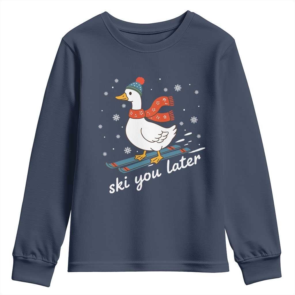 Funny Skiing Goose Youth Sweatshirt Ski You Later Winter Vacation Sport TS11 Navy Print Your Wear