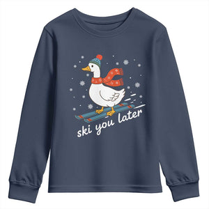 Funny Skiing Goose Youth Sweatshirt Ski You Later Winter Vacation Sport TS11 Navy Print Your Wear