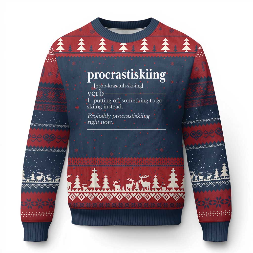 Funny Procrastiskiing Definition Skiing Snow Ski Sports Lover Ugly Christmas Sweater TS11 Navy Red Print Your Wear