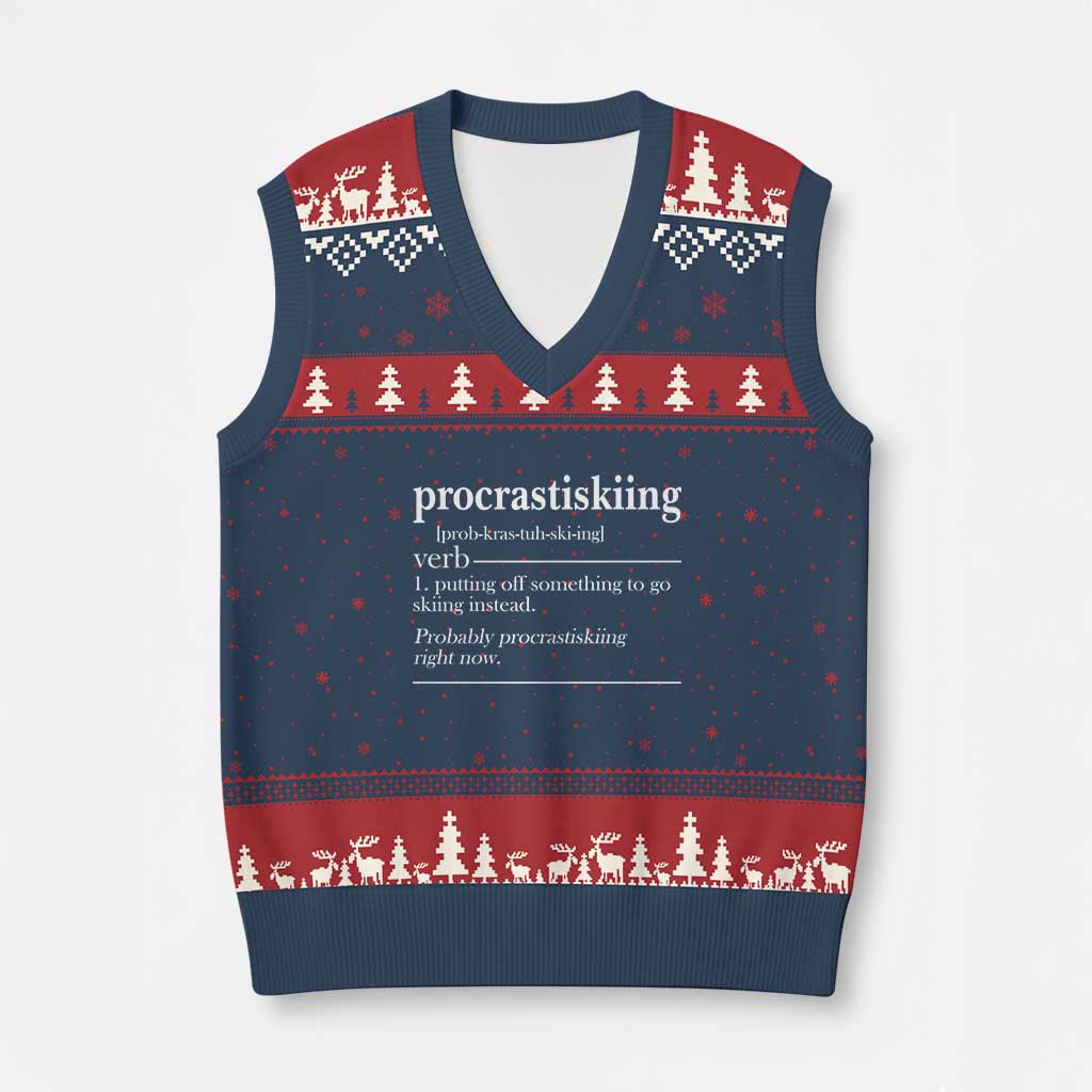 Funny Procrastiskiing Definition Skiing Snow Ski Sports Lover V-Neck Knit Sweater Vest TS11 Navy Red Print Your Wear