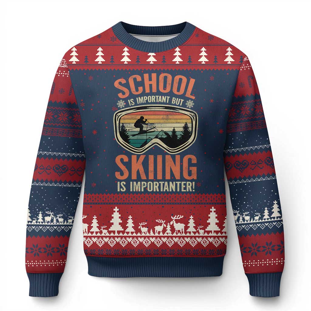 Funny School Is Important But Skiing Is Importanter Ugly Christmas Sweater TS11 Navy Red Print Your Wear