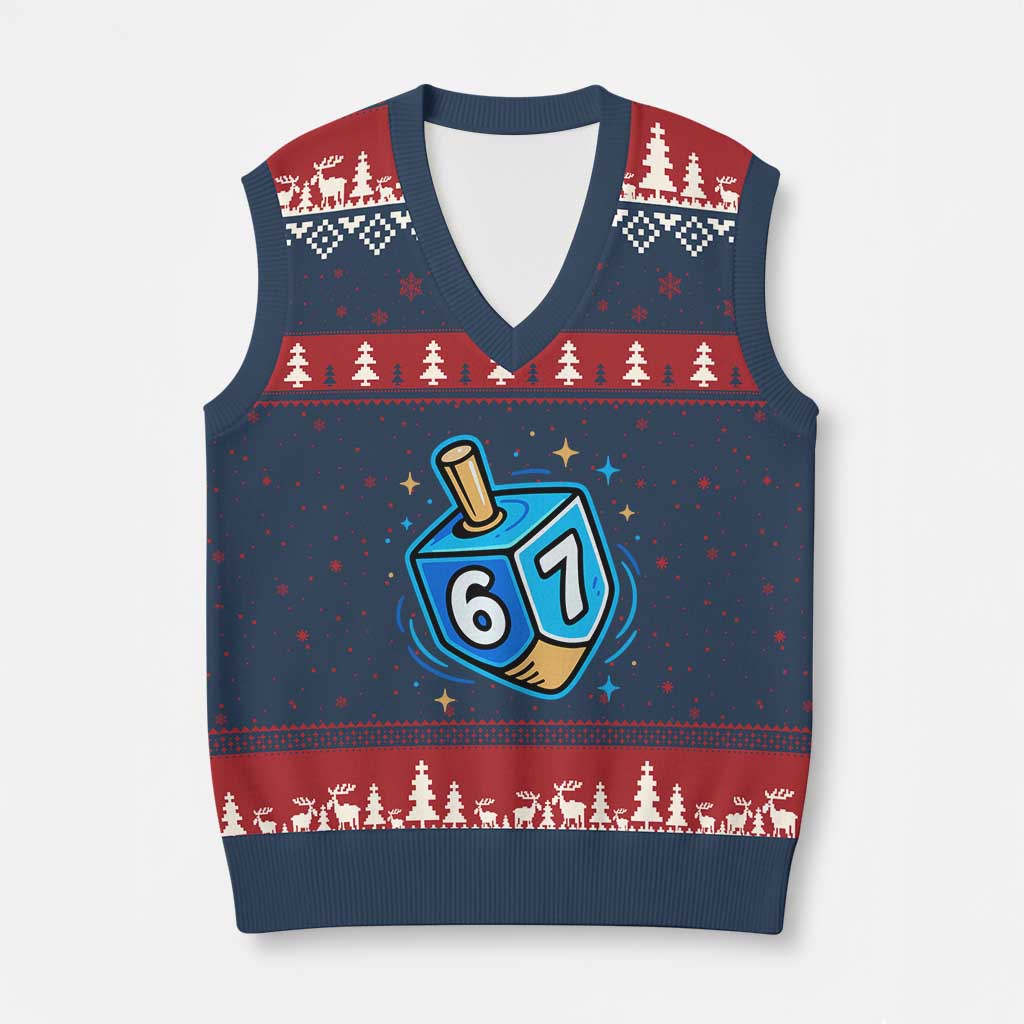 Funny 67 Hanukkah Dreidel V-Neck Knit Sweater Vest Chanukah Star Of David TS11 Navy Red Print Your Wear