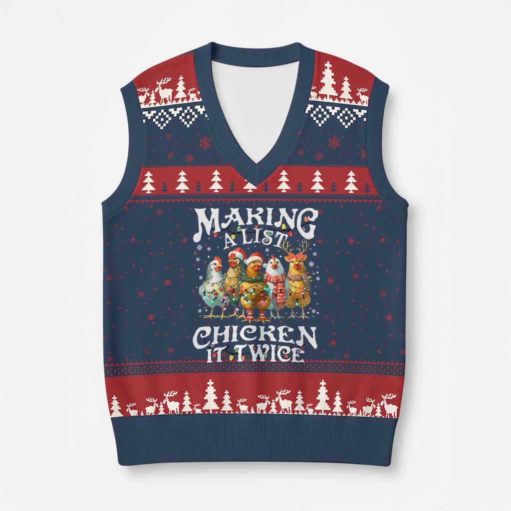 Making A List Chicken It Twice V-Neck Knit Sweater Vest Funny Xmas Chicken TS11 Navy Red Print Your Wear