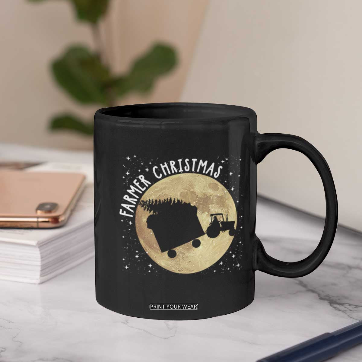 Funny Farmer Christmas Coffee Mug Xmas Santa Farm Tractor Moon TS11 Print Your Wear