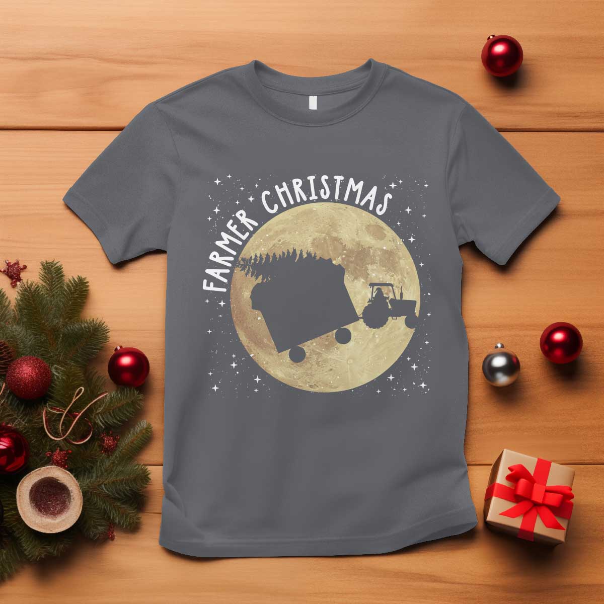Funny Farmer Christmas T Shirt Xmas Santa Farm Tractor Moon TS11 Charcoal Print Your Wear