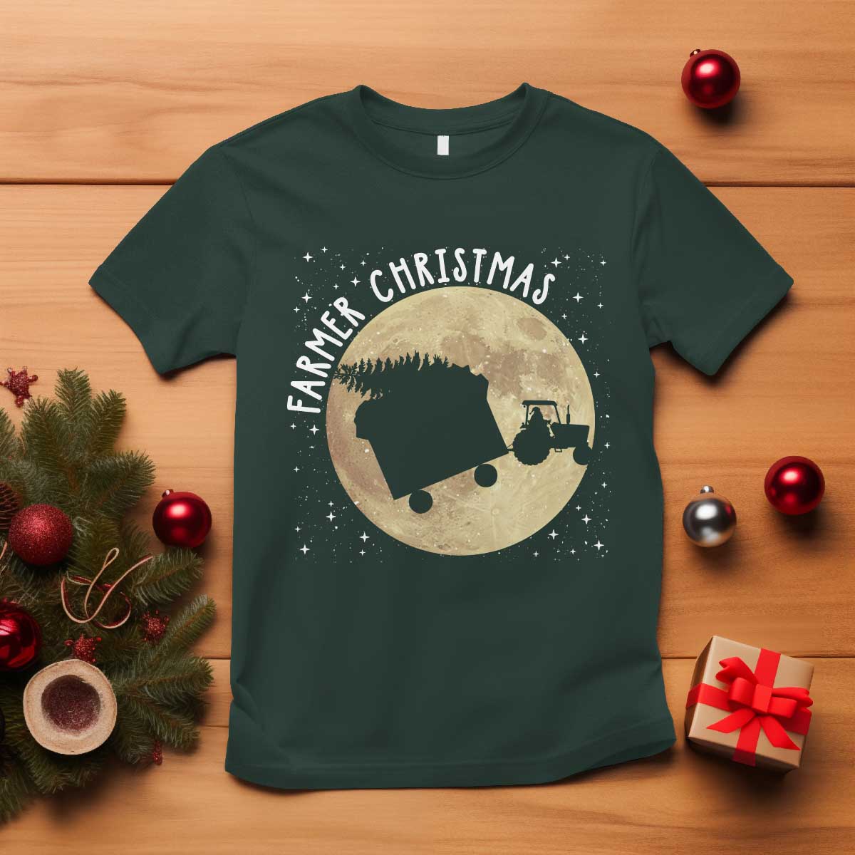 Funny Farmer Christmas T Shirt Xmas Santa Farm Tractor Moon TS11 Dark Forest Green Print Your Wear