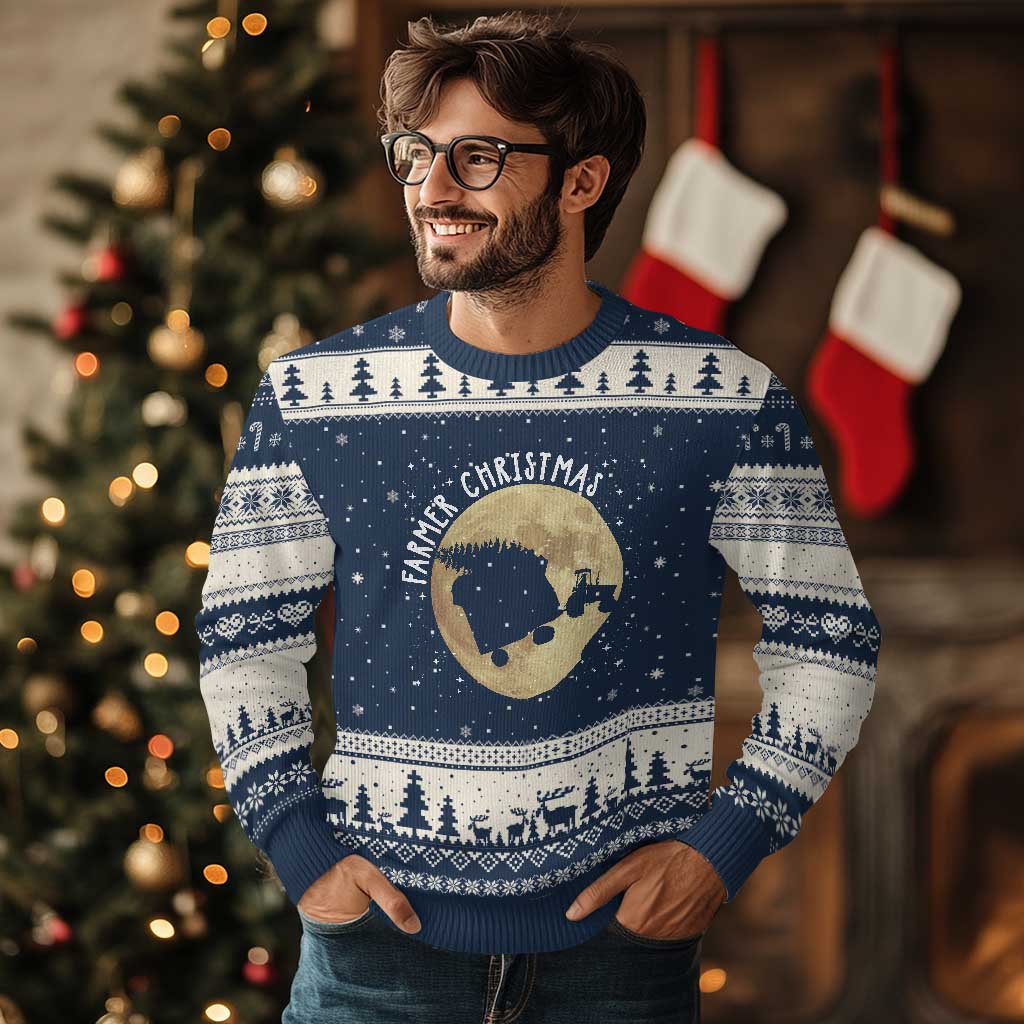 Funny Farmer Xmas Ugly Christmas Sweater Xmas Santa Farm Tractor Moon TS11 Navy Beige Print Your Wear