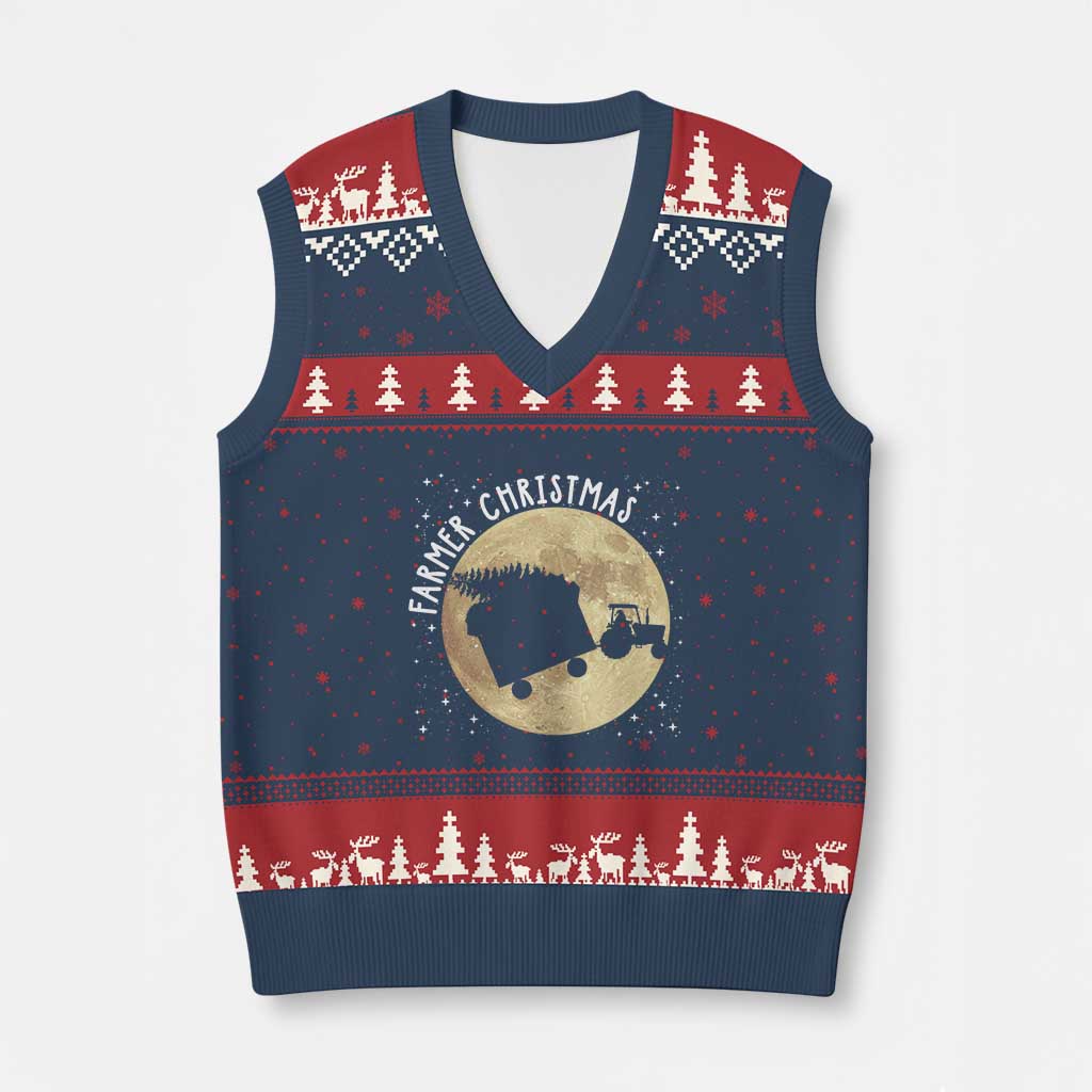 Funny Farmer Xmas V-Neck Knit Sweater Vest Xmas Santa Farm Tractor Moon TS11 Navy Red Print Your Wear