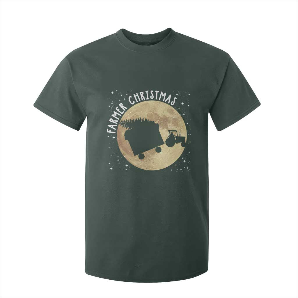 Funny Farmer Christmas T Shirt For Kid Xmas Santa Farm Tractor Moon TS11 Dark Forest Green Print Your Wear