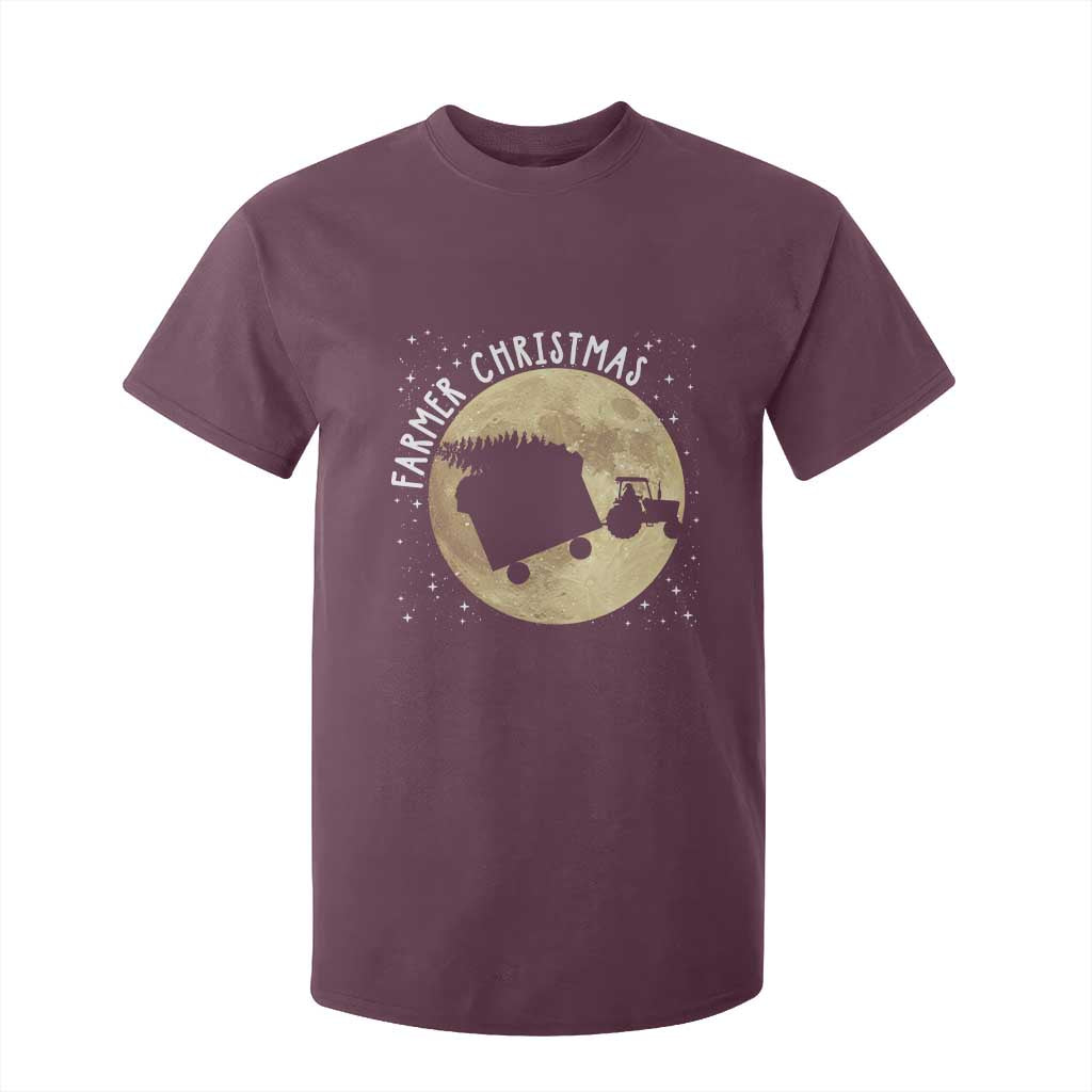 Funny Farmer Christmas T Shirt For Kid Xmas Santa Farm Tractor Moon TS11 Maroon Print Your Wear