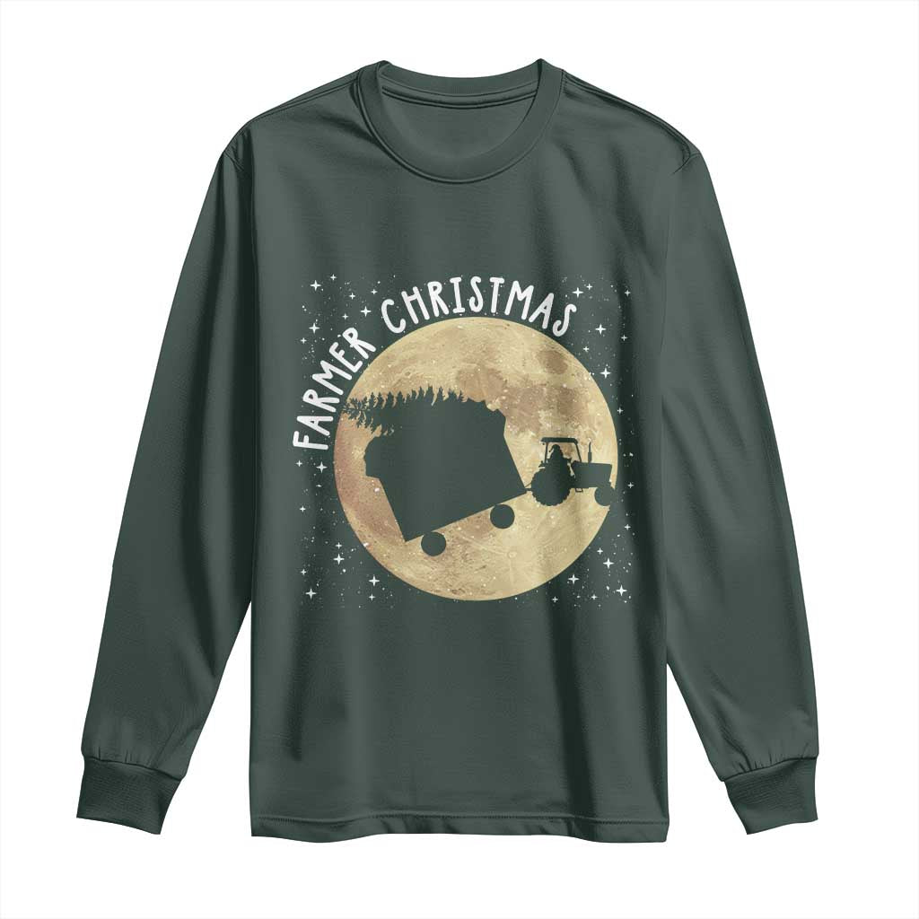 Funny Farmer Christmas Long Sleeve Shirt Xmas Santa Farm Tractor Moon TS11 Dark Forest Green Print Your Wear