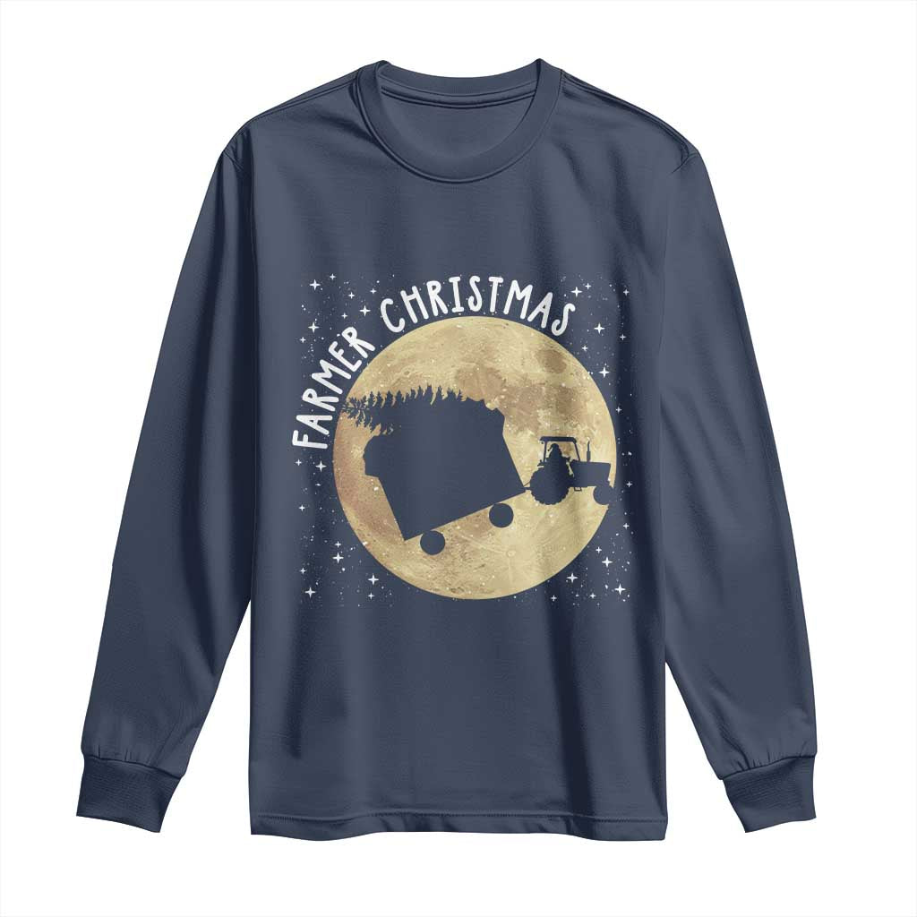 Funny Farmer Christmas Long Sleeve Shirt Xmas Santa Farm Tractor Moon TS11 Navy Print Your Wear