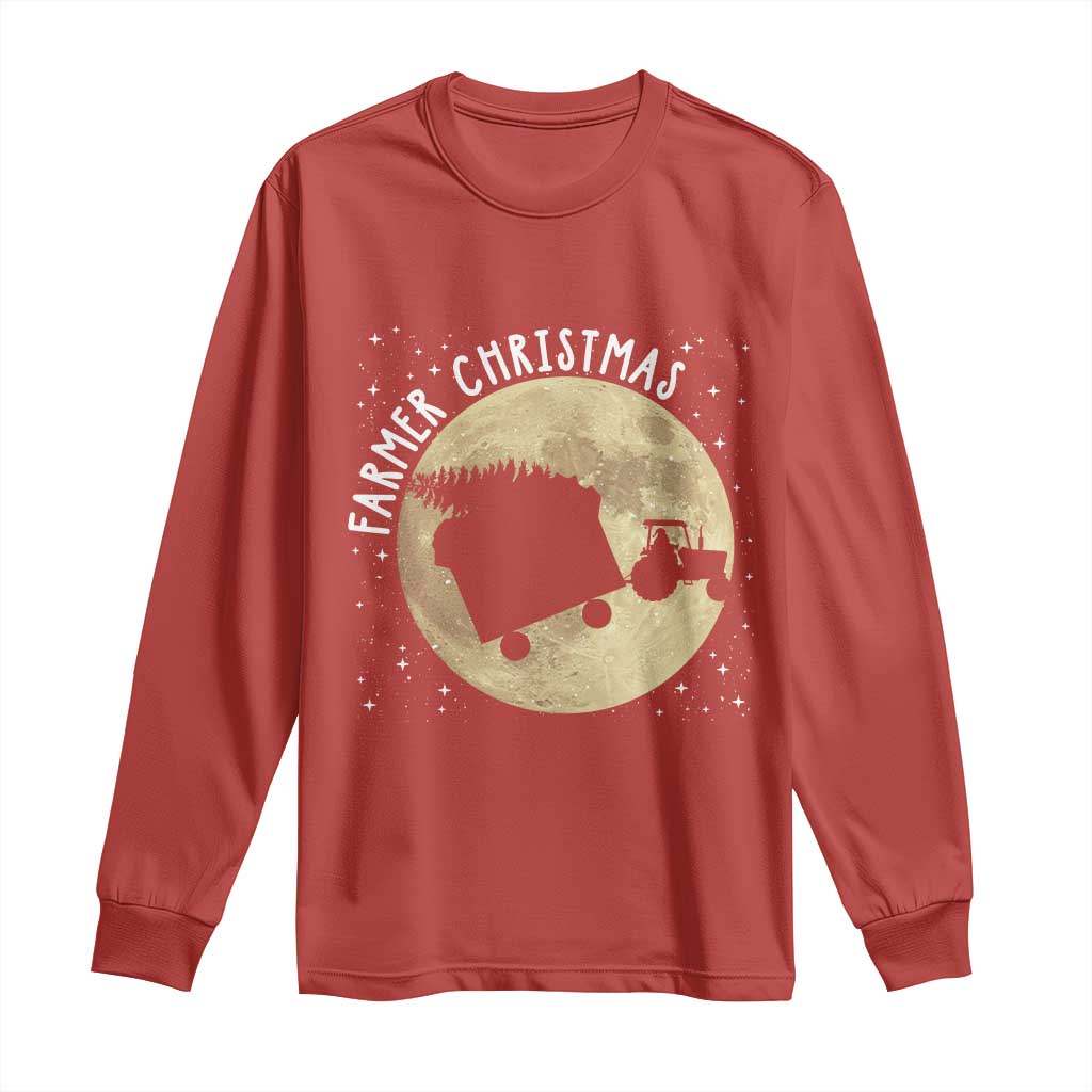 Funny Farmer Christmas Long Sleeve Shirt Xmas Santa Farm Tractor Moon TS11 Red Print Your Wear