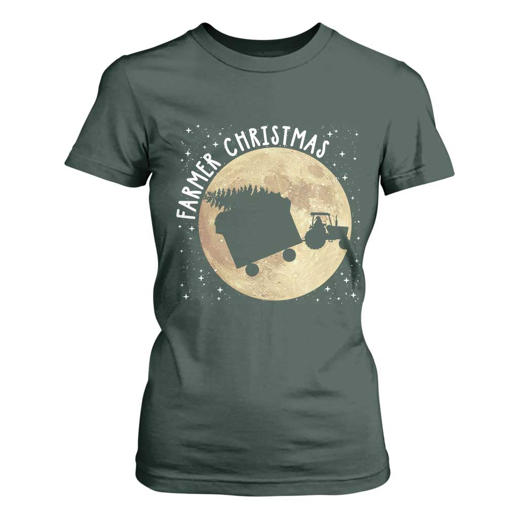 Funny Farmer Christmas T Shirt For Women Xmas Santa Farm Tractor Moon TS11 Dark Forest Green Print Your Wear