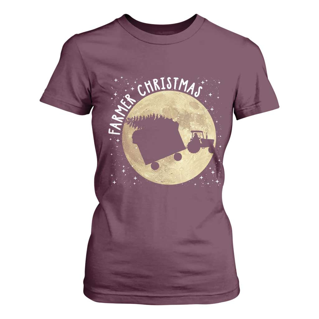 Funny Farmer Christmas T Shirt For Women Xmas Santa Farm Tractor Moon TS11 Maroon Print Your Wear