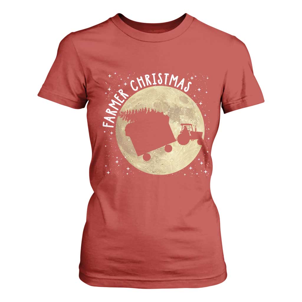 Funny Farmer Christmas T Shirt For Women Xmas Santa Farm Tractor Moon TS11 Red Print Your Wear