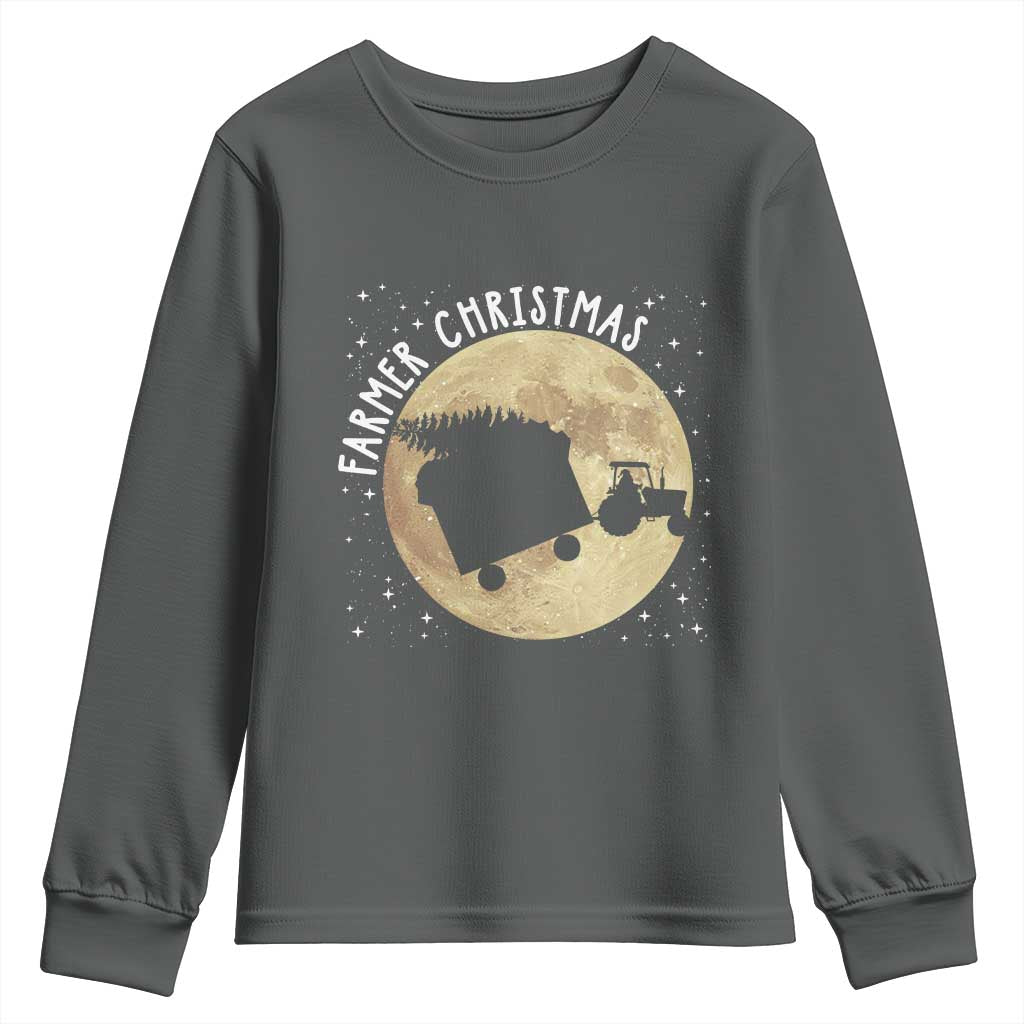 Funny Farmer Christmas Youth Sweatshirt Xmas Santa Farm Tractor Moon TS11 Dark Heather Print Your Wear