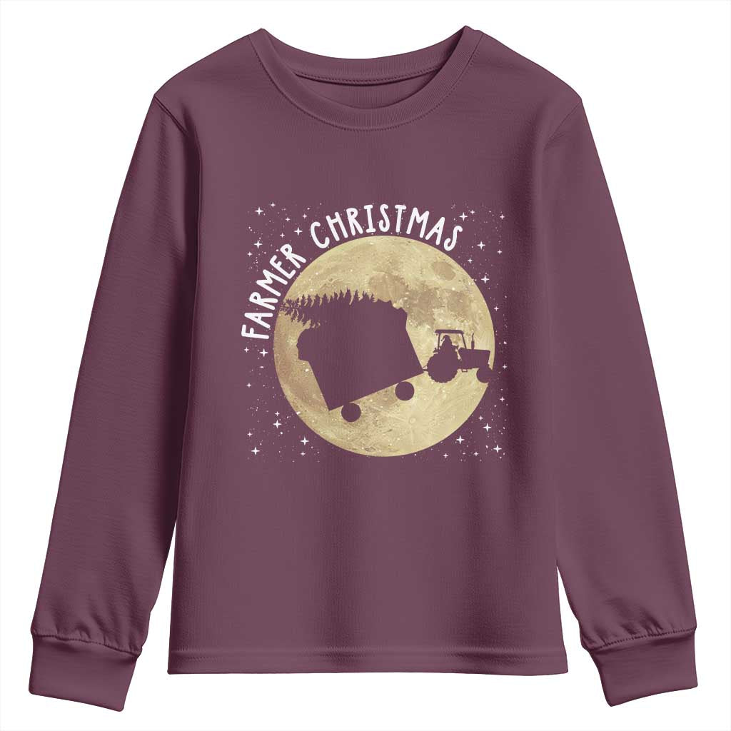 Funny Farmer Christmas Youth Sweatshirt Xmas Santa Farm Tractor Moon TS11 Maroon Print Your Wear