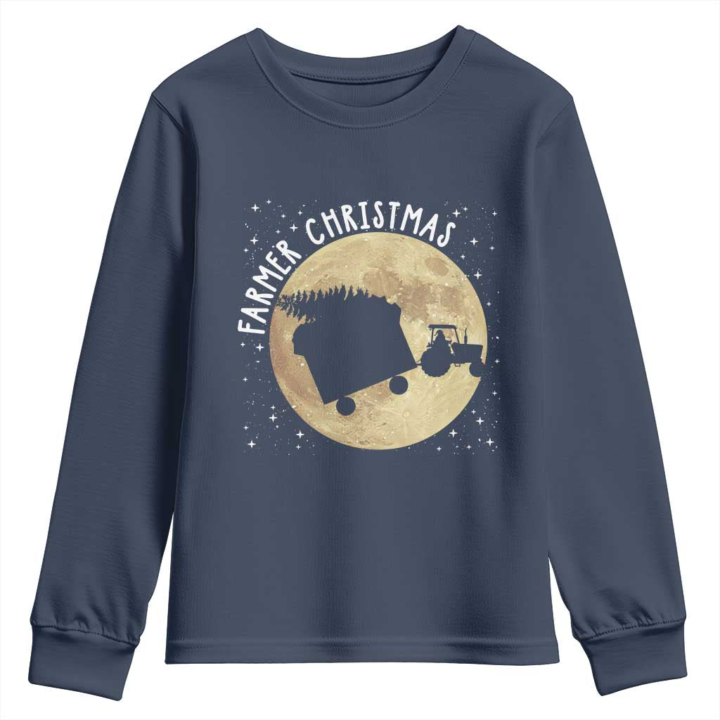 Funny Farmer Christmas Youth Sweatshirt Xmas Santa Farm Tractor Moon TS11 Navy Print Your Wear