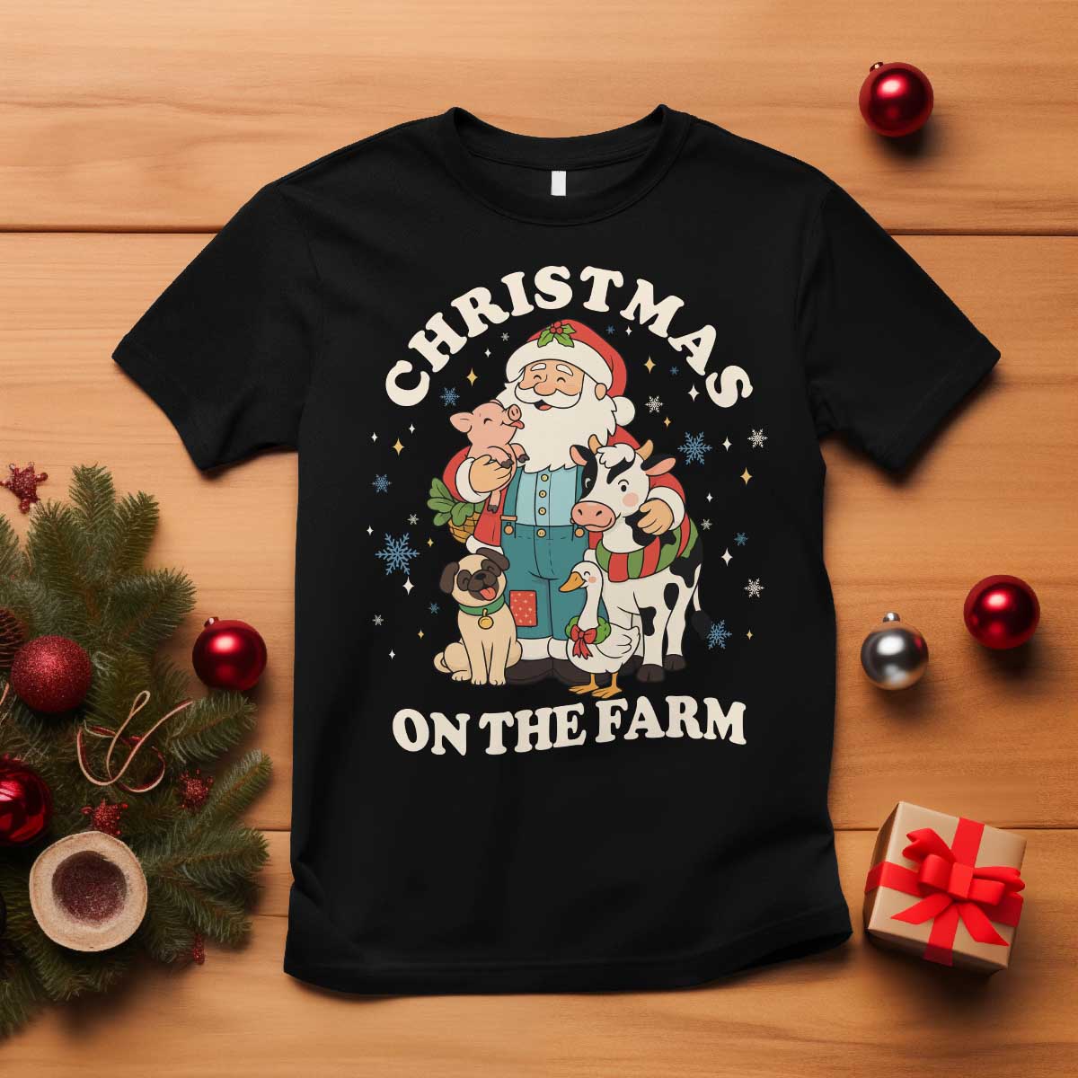 Funny Xmas On The Farm T Shirt Christmas Farmer Santa Claus Livestock TS11 Black Print Your Wear