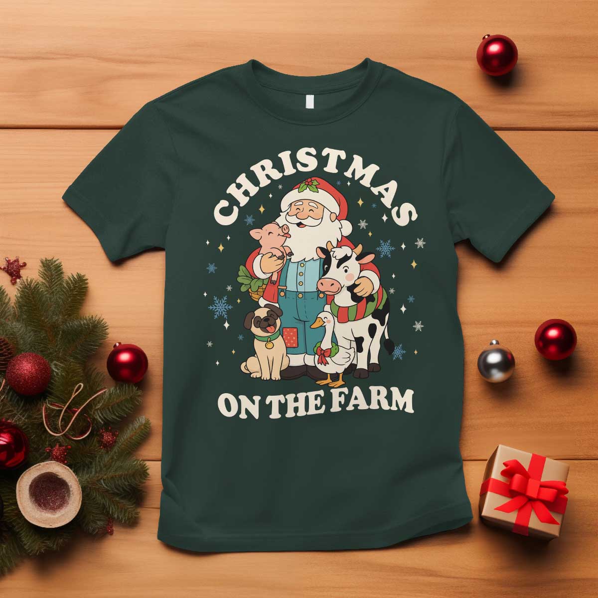 Funny Xmas On The Farm T Shirt Christmas Farmer Santa Claus Livestock TS11 Dark Forest Green Print Your Wear